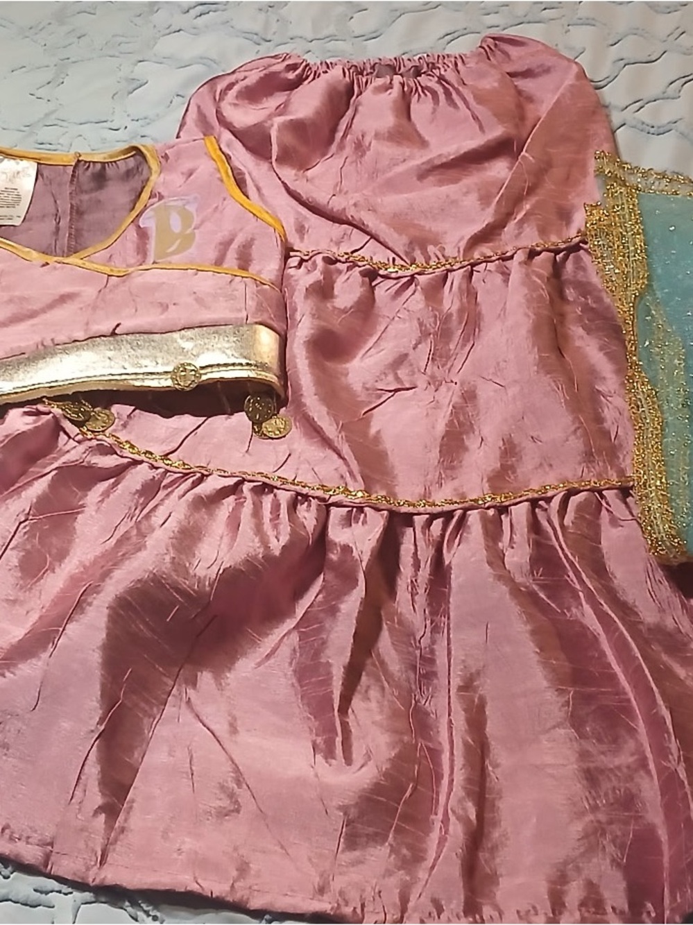 Girls Pink and Aqua Festive Lehenga Set with Gold Trim - Brand - Picture 2 of 2